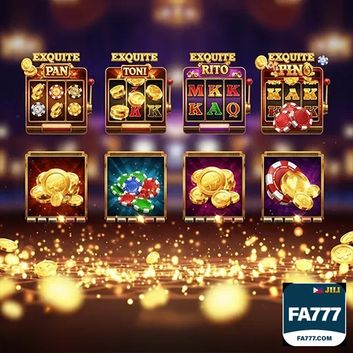 fa777 casino slots with colorful reels and poker chips on a gaming table