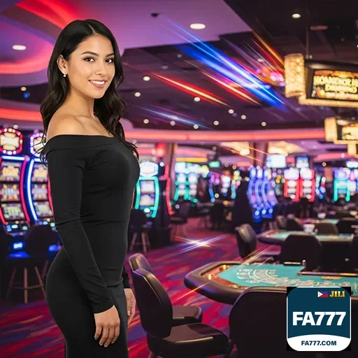 Woman playing slot machines in a neon-lit casino at fa777