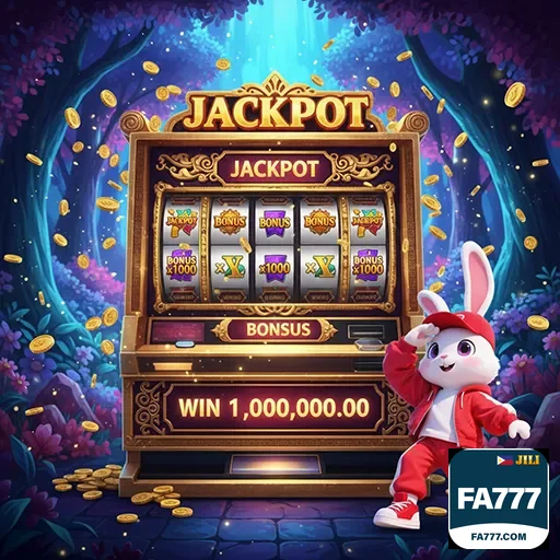 fa777 jackpot slot machine with a bunny mascot, glowing reels, and coins