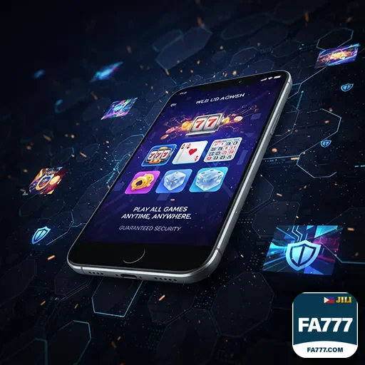 fa777 mobile casino app on a smartphone, showing the game lobby with slots and table games