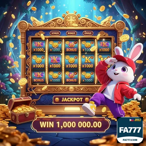 Rabbit slot jackpot on fa777 with lucky bunny symbols and flashing win banner.