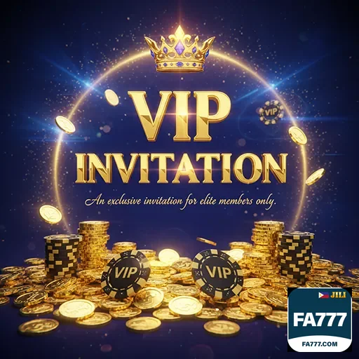 fa777 VIP invitation card surrounded by gold coins, showcasing a luxurious, exclusive event theme