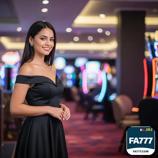 Woman playing colorful slot machines at a casino, fa777