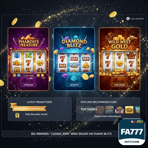 fa777 slot games lobby interface with featured slots and categories